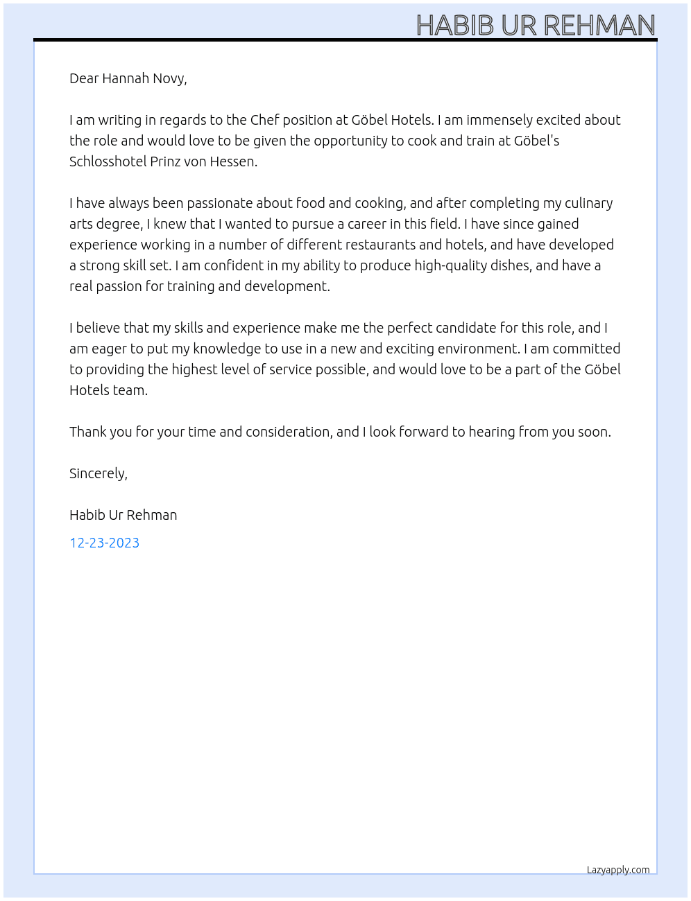 Chef At Göbel Hotels Cover Letter