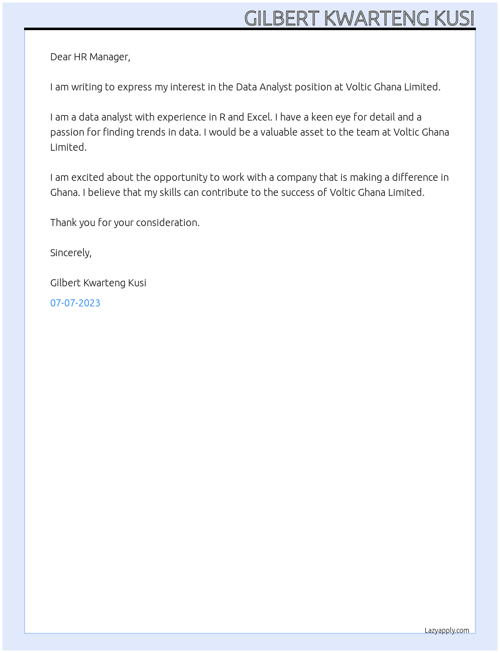 Data Analyst At Voltic Ghana Limited Cover Letter