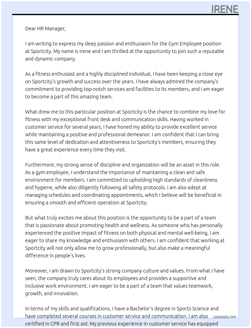 gym employee At sportcity Cover Letter