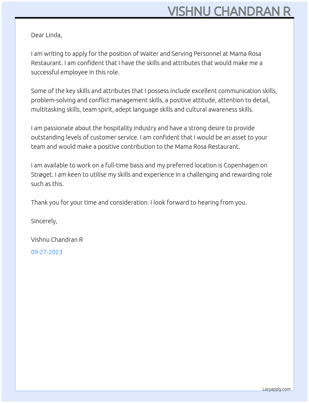 Waiter and serving Personnel  At Mama Rosa Resturant  Cover Letter