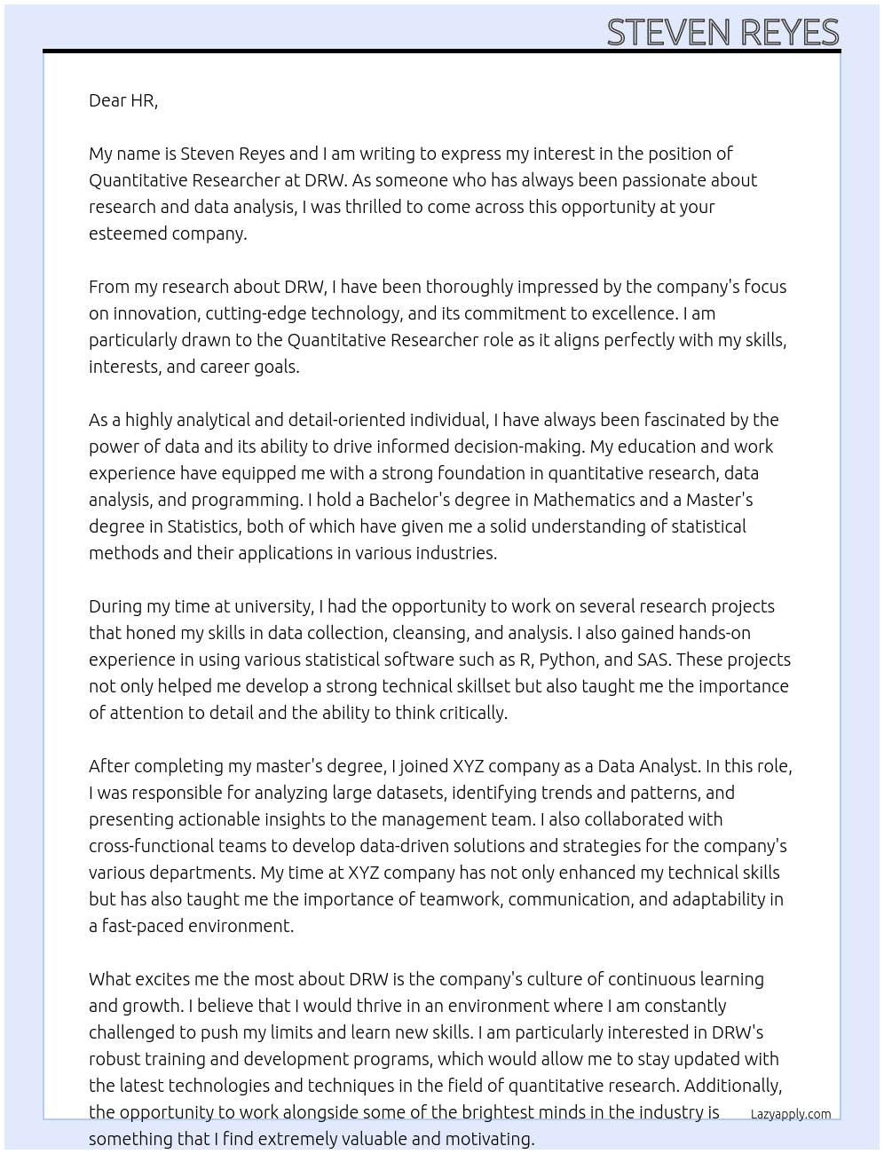 Quantitative Researcher At DRW Cover Letter