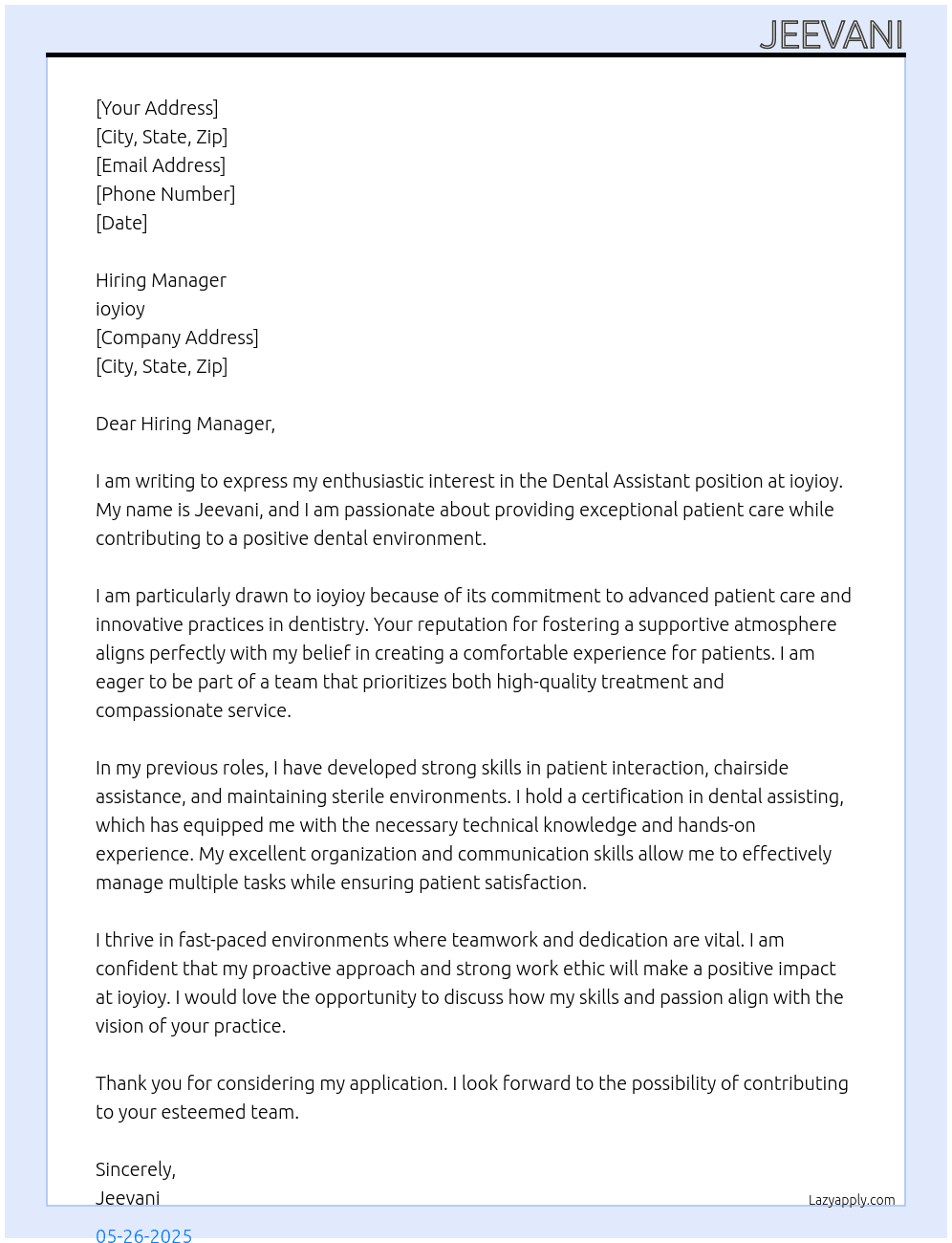 dental assistant At ioyioy Cover Letter