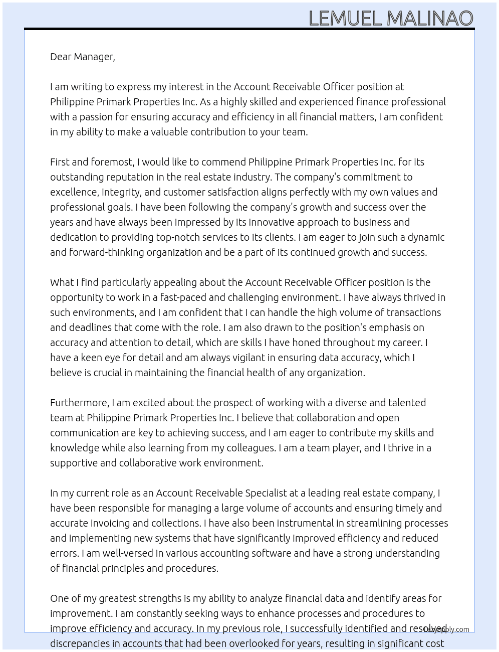 Account Receivable officer At philippine primark properties inc. Cover Letter
