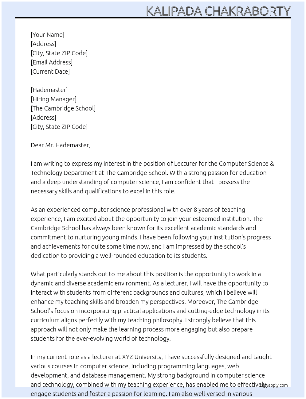 Lecturer for Computer Science & Technology Department At The Cambridge School Cover Letter
