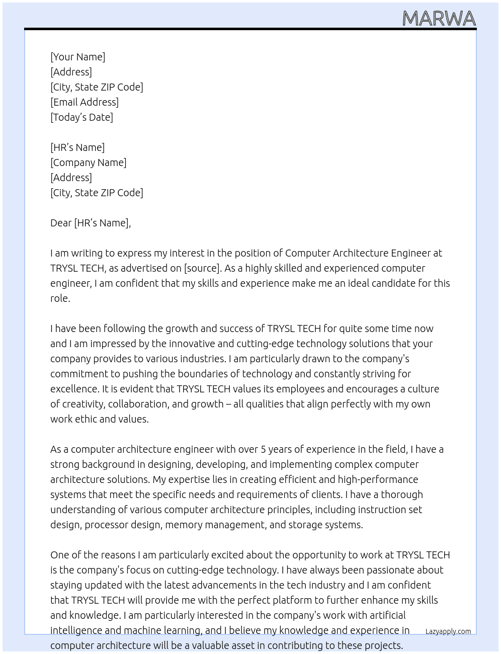 Computer architecture engineer At TRYSL TECH Cover Letter