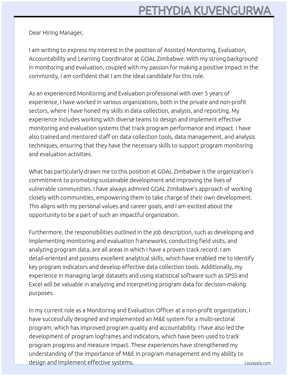 Assisted Monitoring, Evaluation, Accountability and Learning Coordinator  At GOAL Zimbabwe  Cover Letter