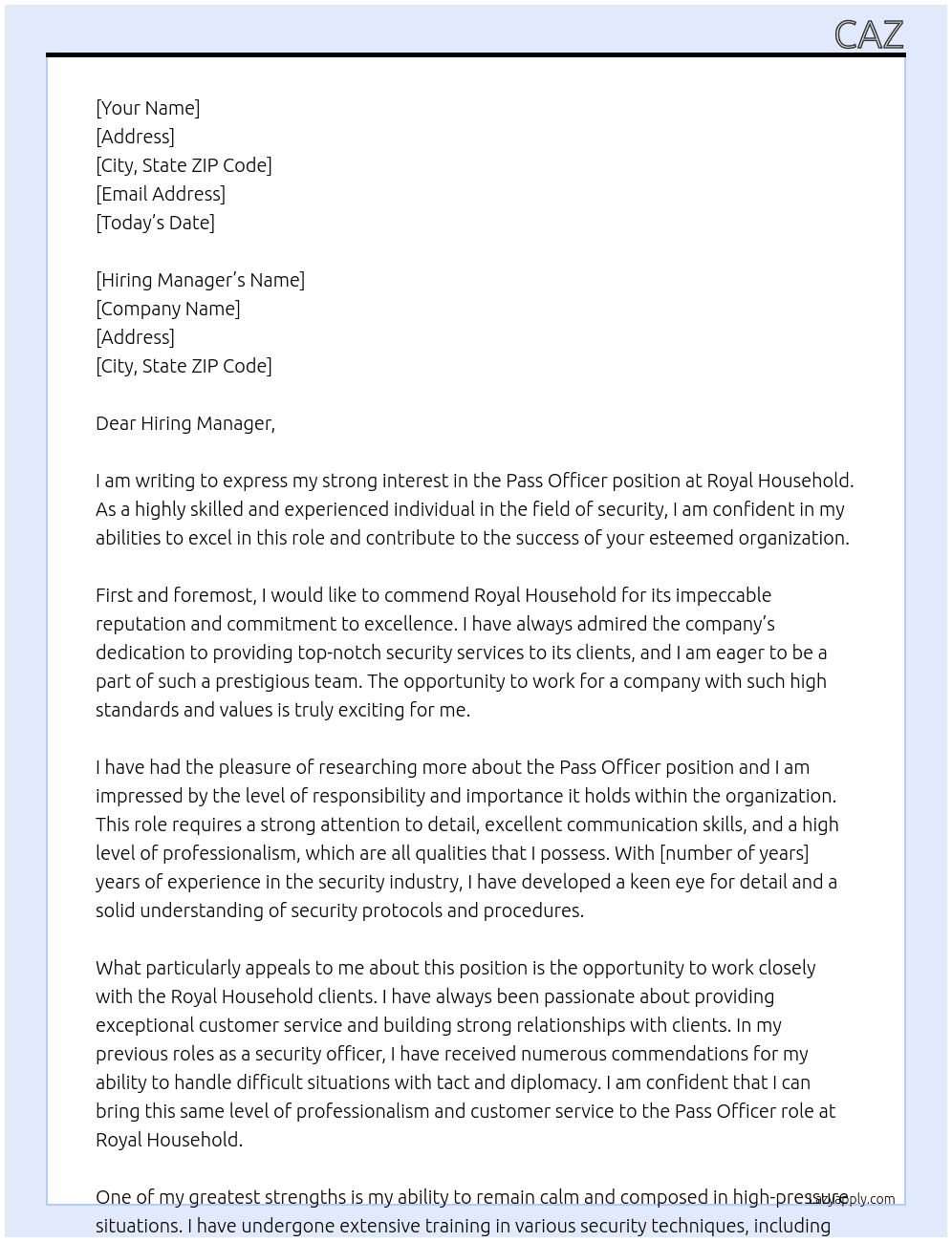 pass officer At Royal Household Cover Letter