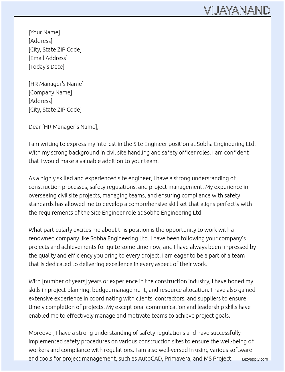 Site engineer At Sobha engineering ltd Cover Letter