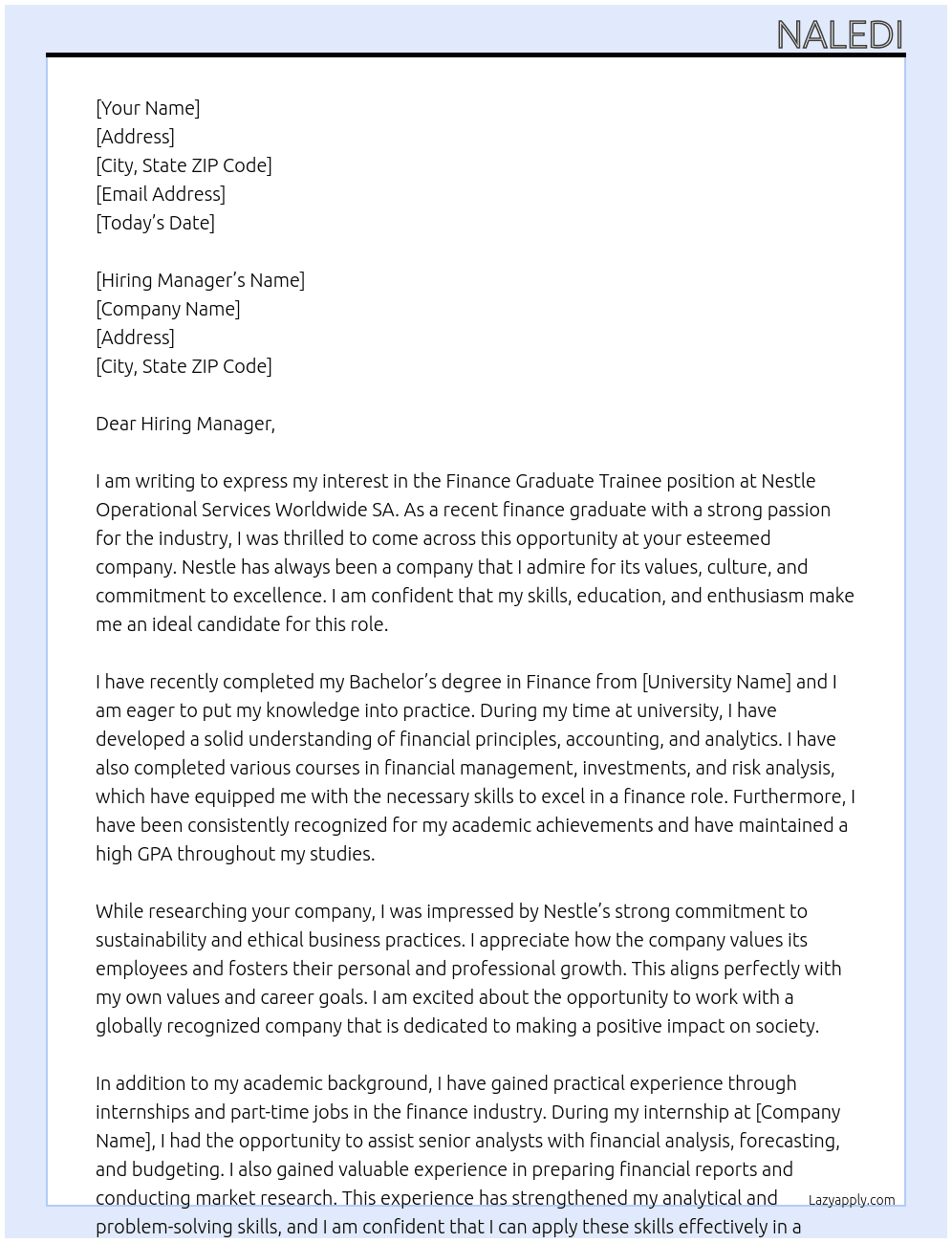 Finance Graduate Trainee At Nestle Operational Services Worldwide SA Cover Letter