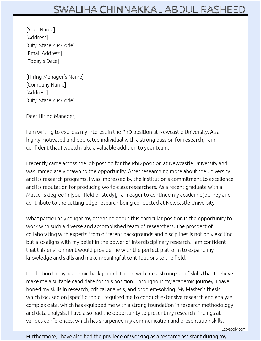 PhD  At Newcastle University Cover Letter