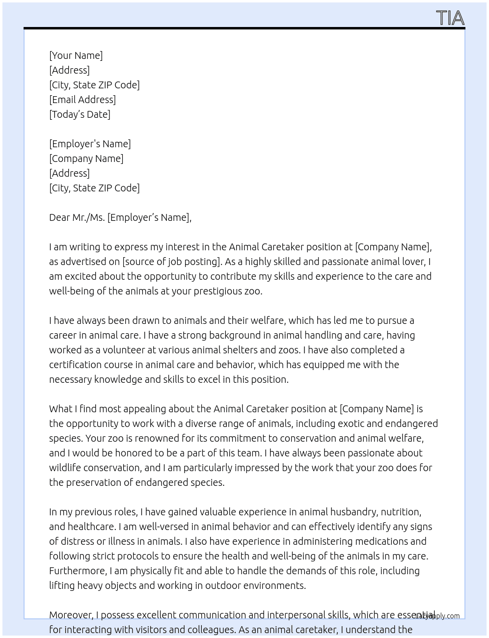 Animal caretaker At Zoo Cover Letter
