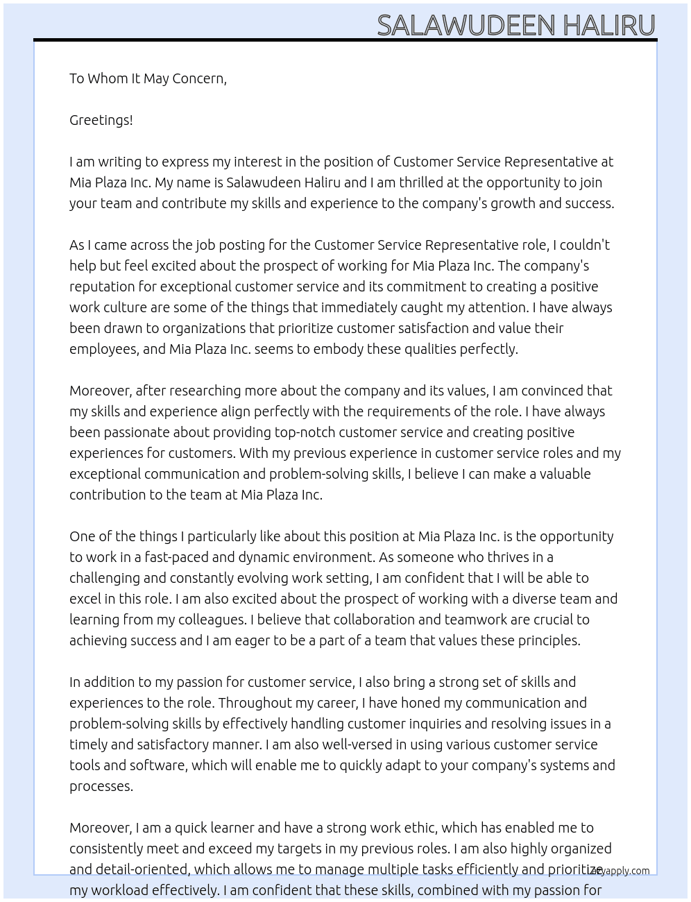 Customer Service Representative At Mia plaza Inc Cover Letter