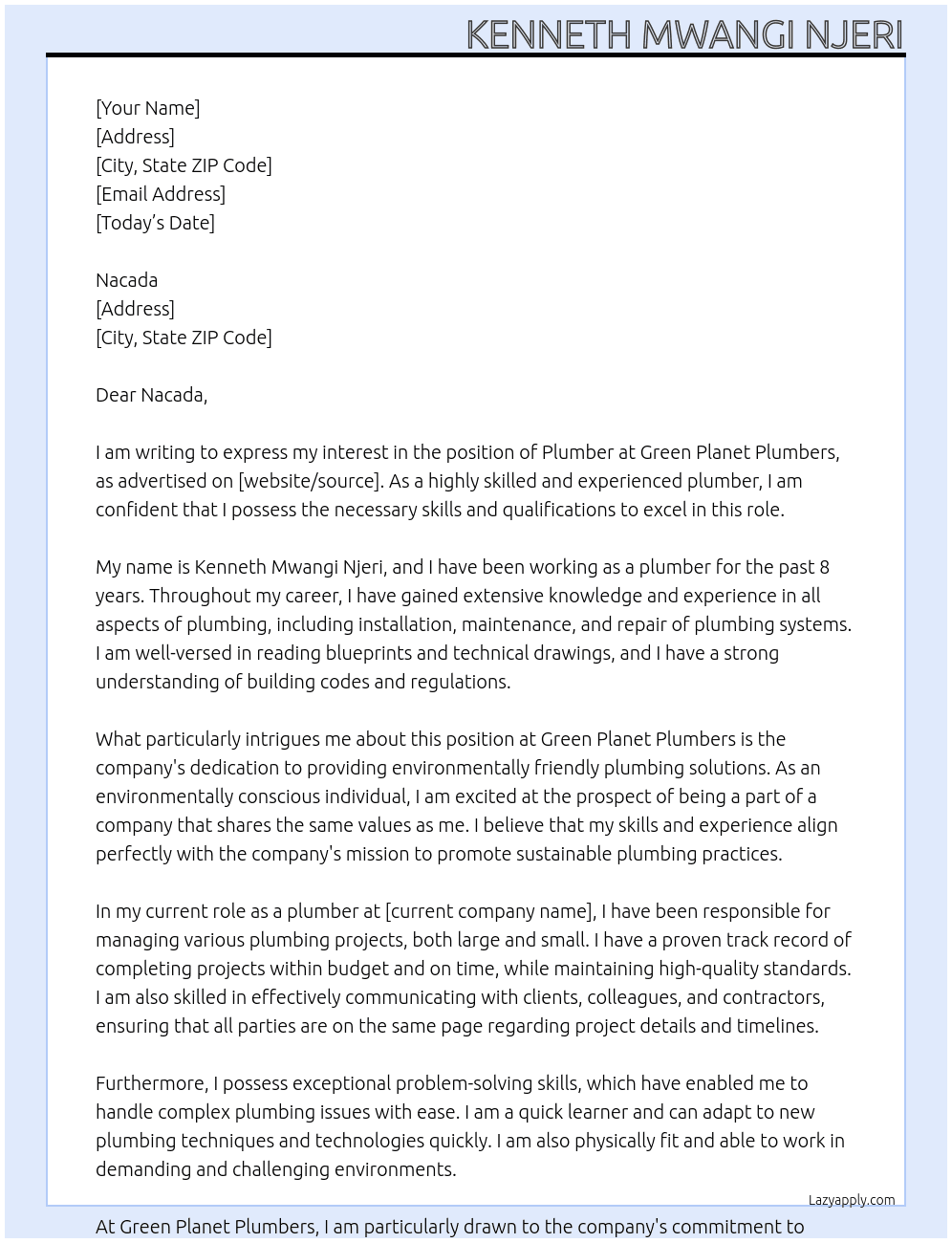 plumber At green planet plumbers Cover Letter