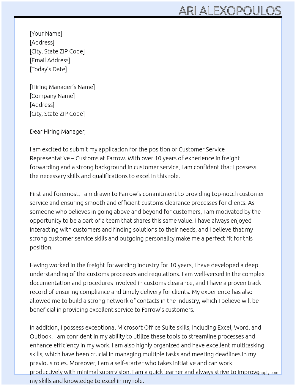 Customer Service Representative - Customs At Farrow Cover Letter