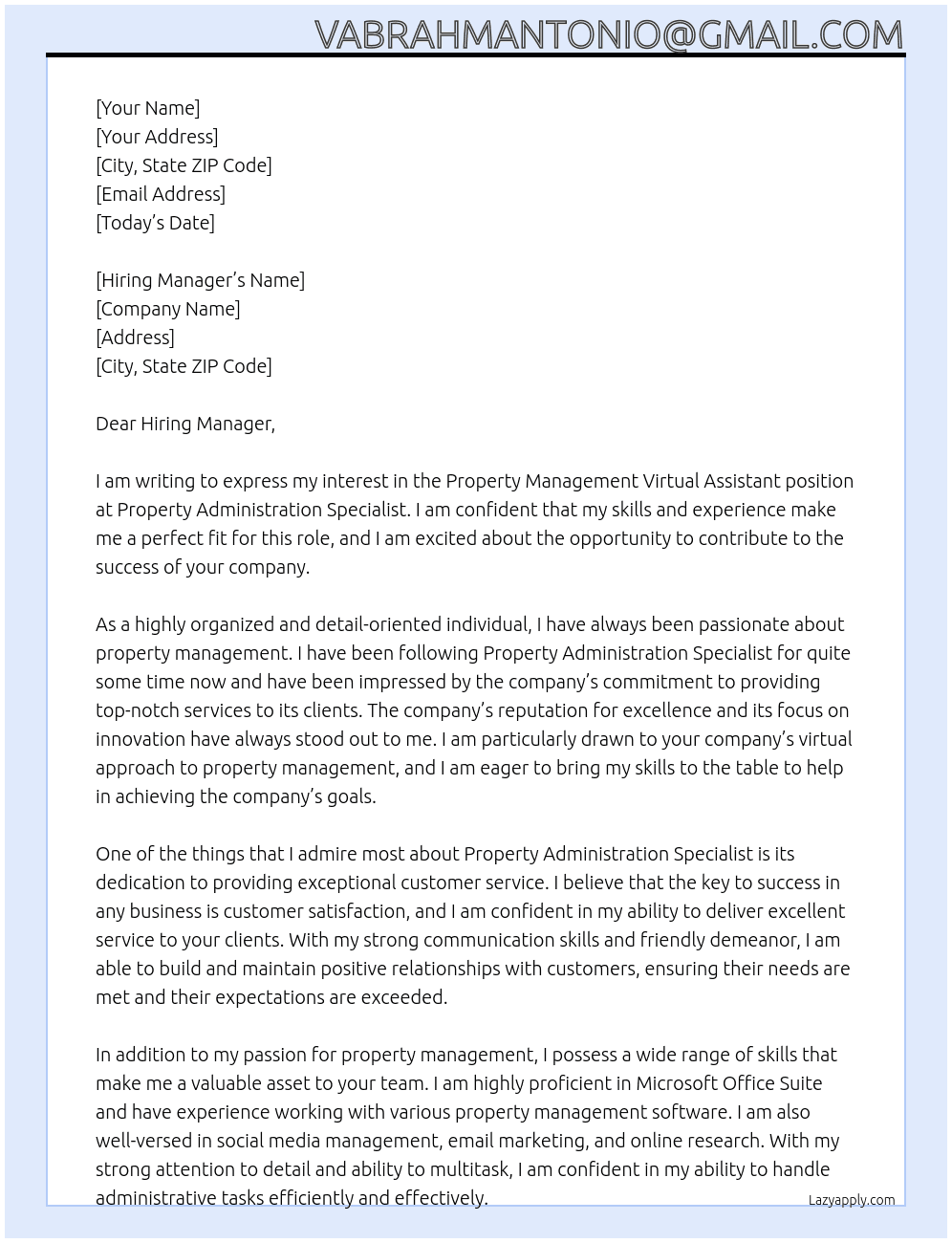 Property management virtual assistant At Property Administration Specialist Cover Letter