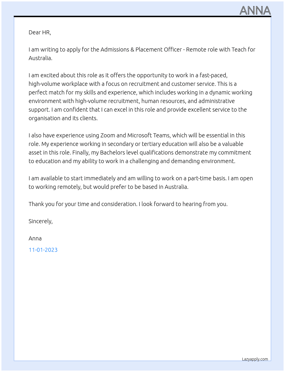 Admissions & Placement Officer - Remote At Teach for Australia Cover Letter