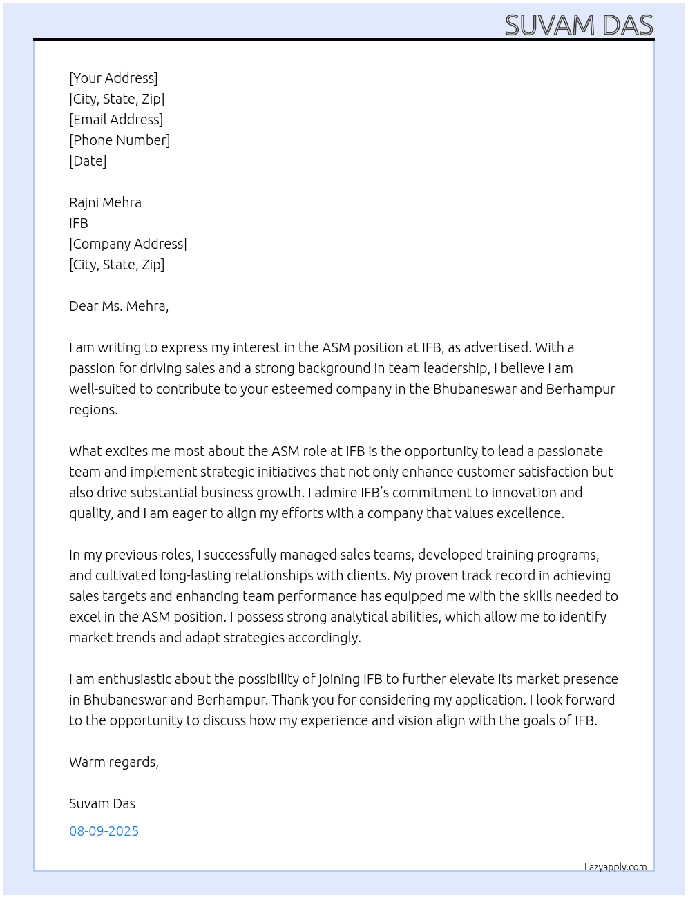ASM At IFB Cover Letter