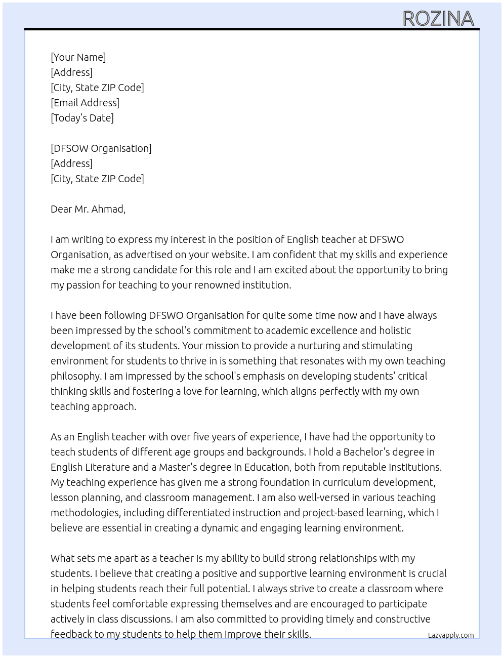 English teacher  At Ahmad  Cover Letter