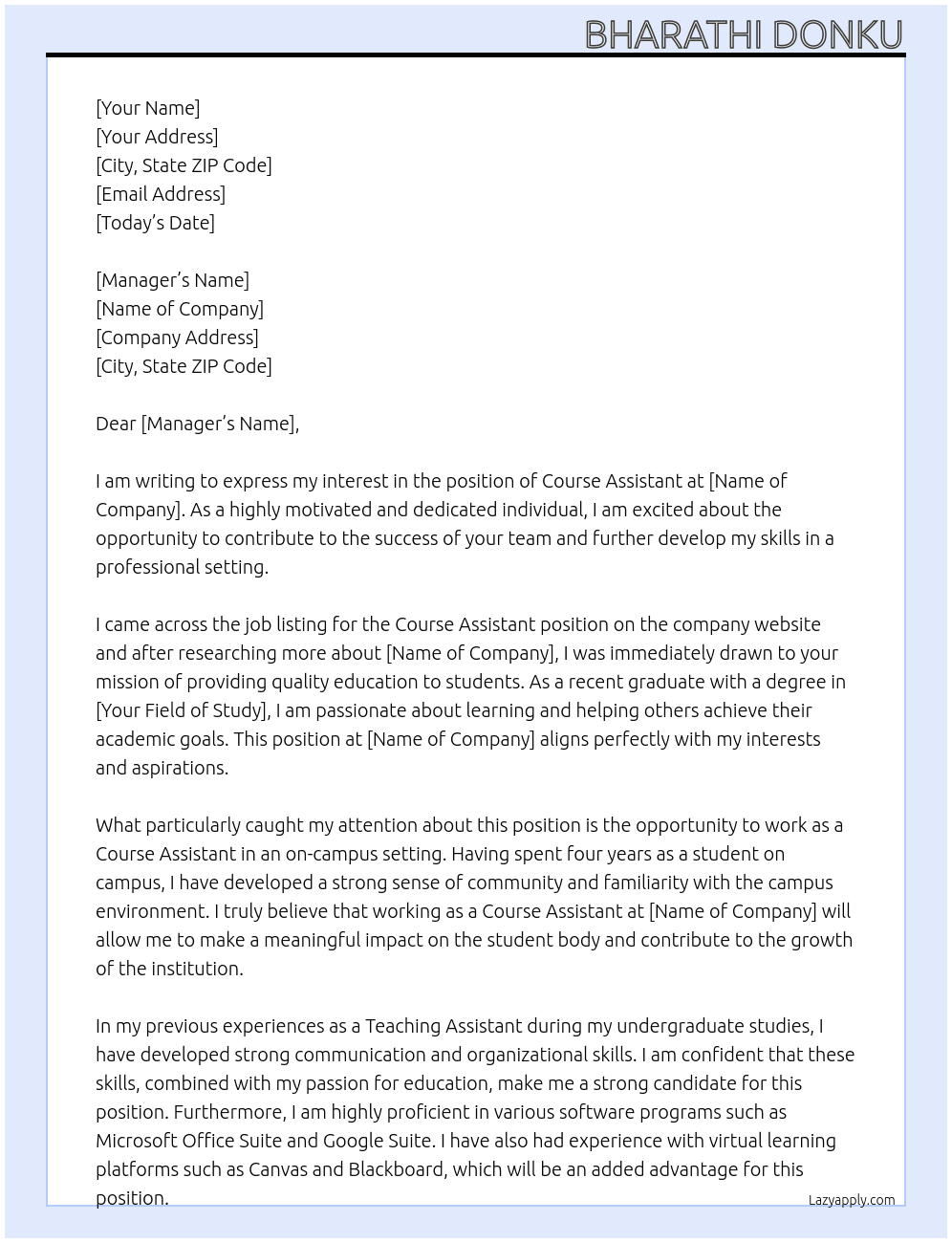 Course Assistant At on campus Cover Letter