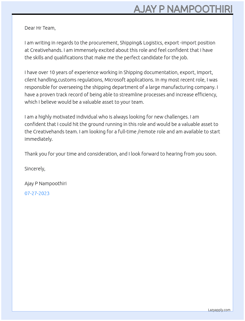 procurement, Shipping& Logistics, export -import At Creativehands  Cover Letter