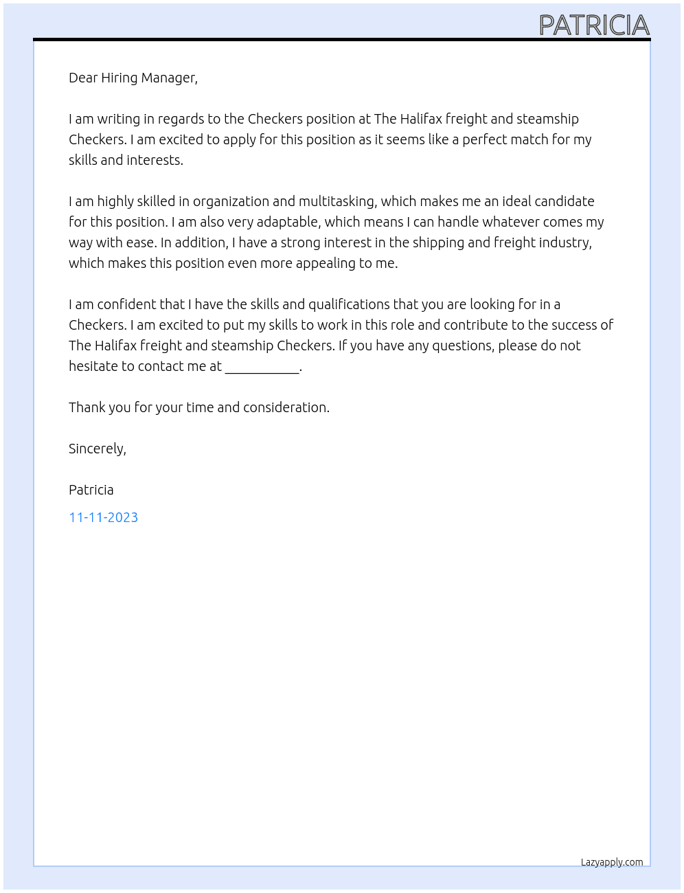 Checkers At The Halifax freight and steamship Checkers Cover Letter