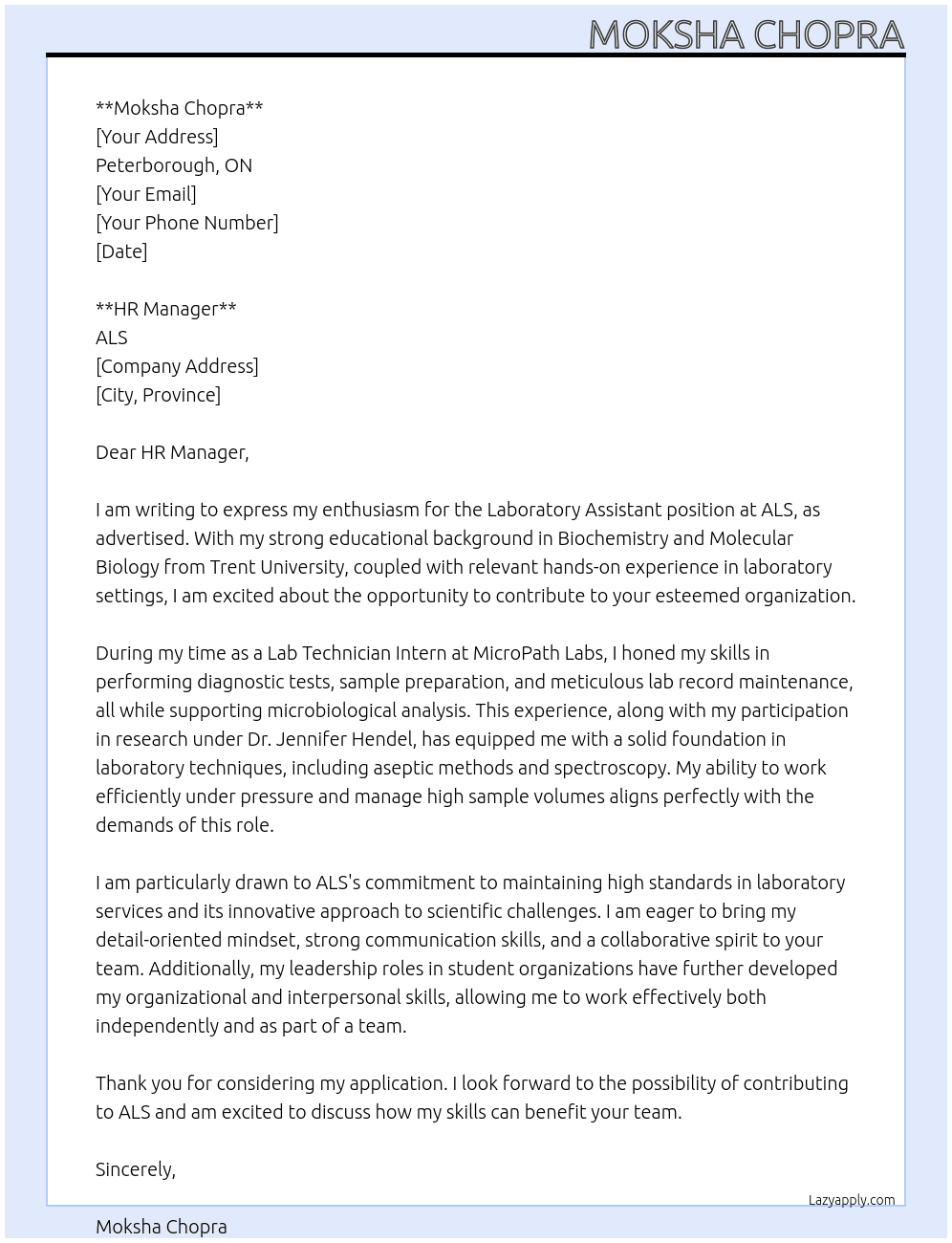 Laboratory Assistant At ALS Cover Letter