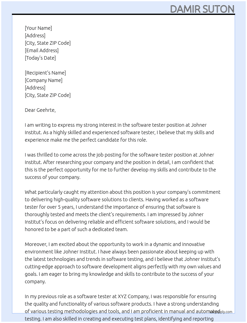 software tester At Johner Institut Cover Letter