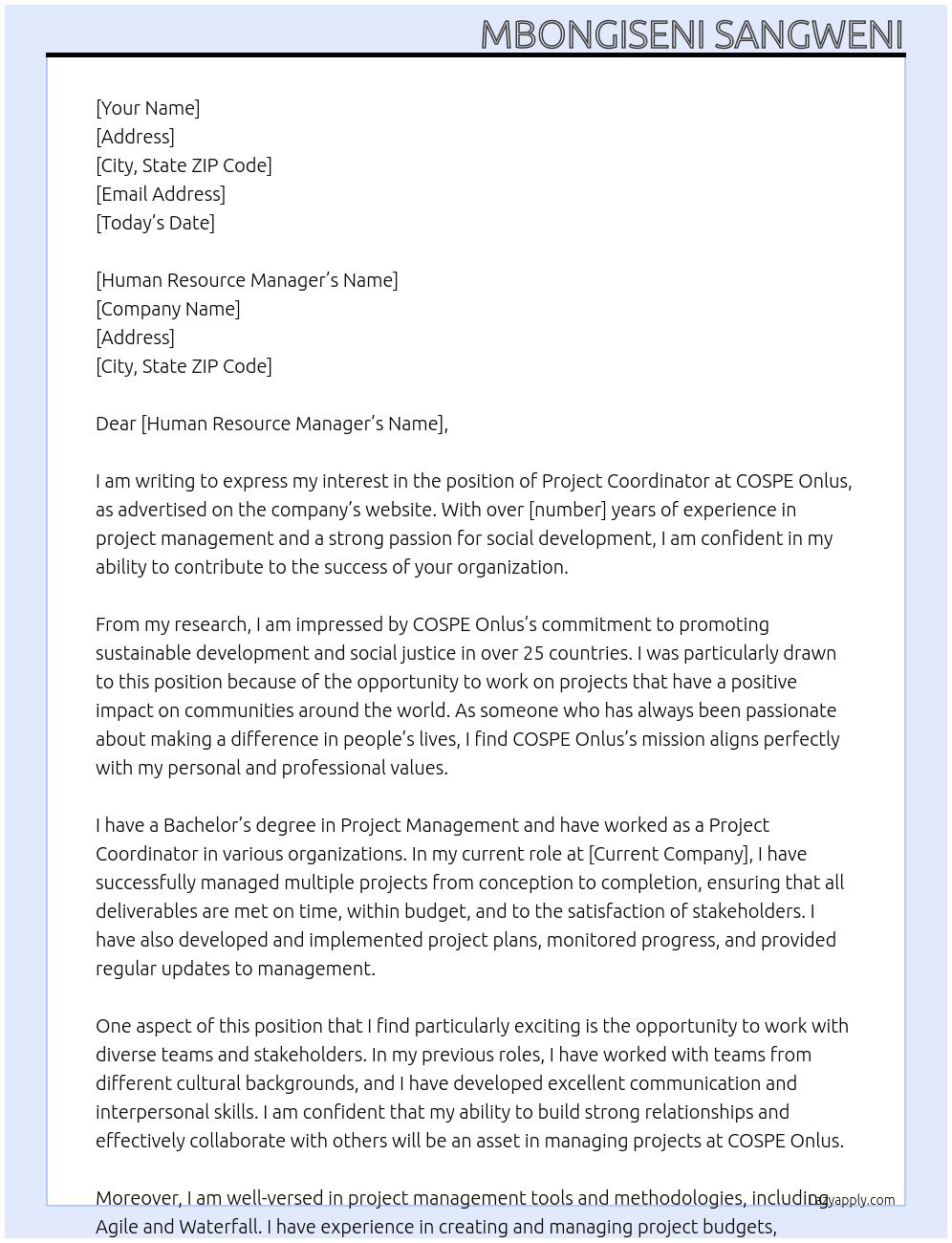 Project Coordinator At COSPE Onlus Cover Letter