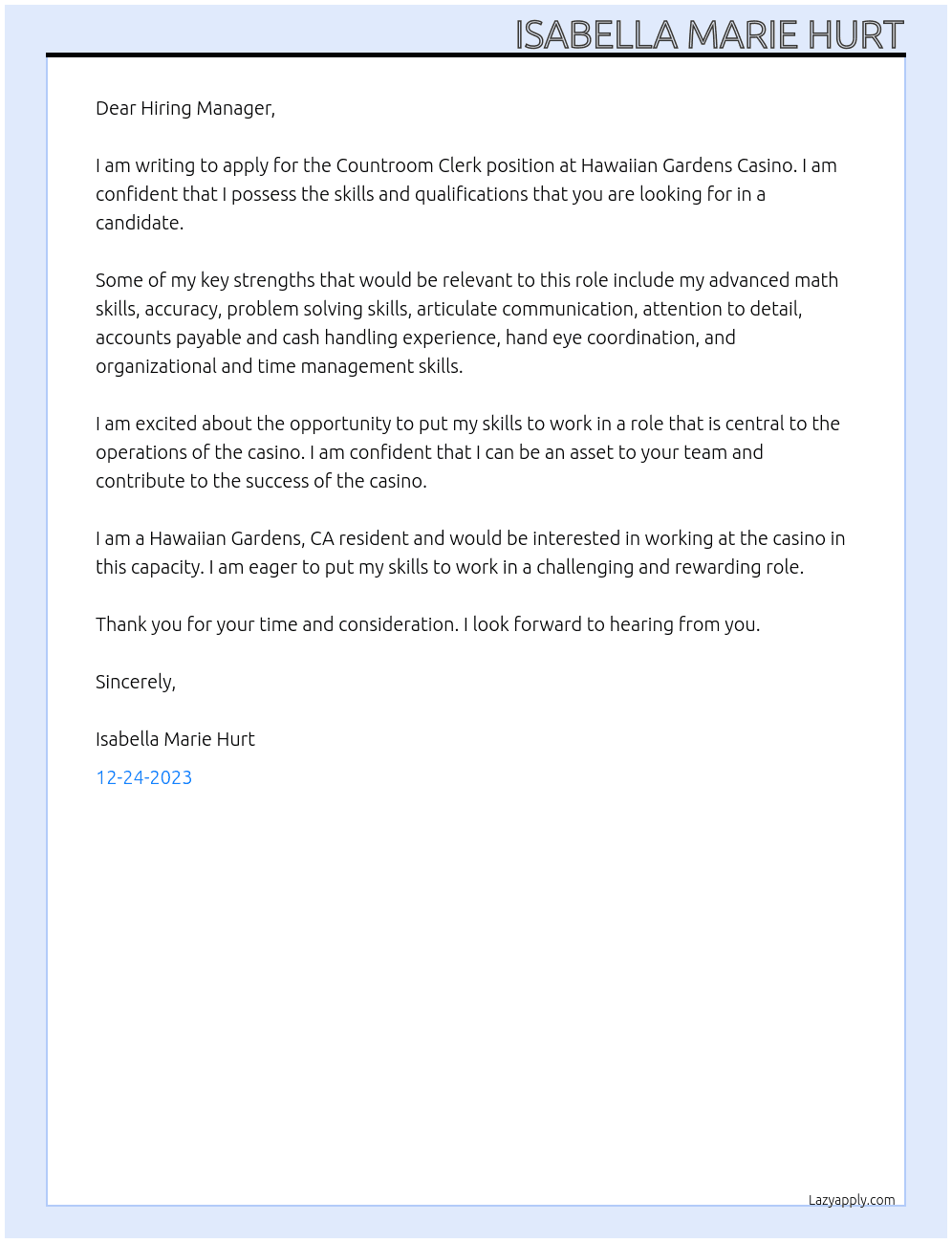 Countroom Clerk At Hawaiian Gardens Casino Cover Letter