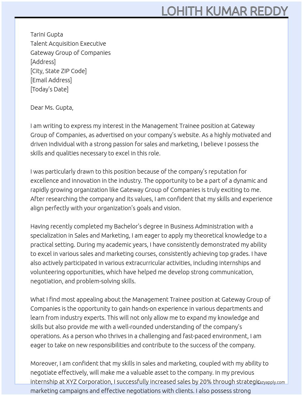 Management Trainee At Gateway Group of Companies Cover Letter