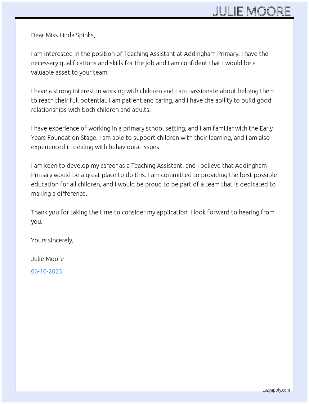 Teaching Assistant  At Addingham Primary  Cover Letter