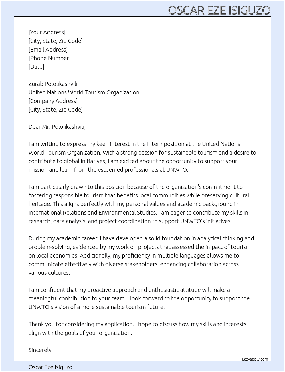 INTERN At United Nations World Tourism Organization Cover Letter