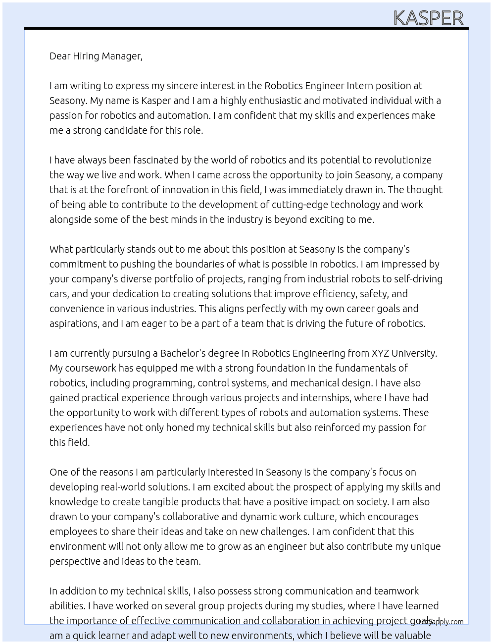 Robotics Engineer Intern At Seasony Cover Letter
