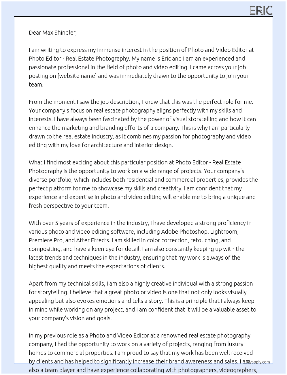 Photo and Video Editor At Photo Editor - Real Estate Photography Cover Letter