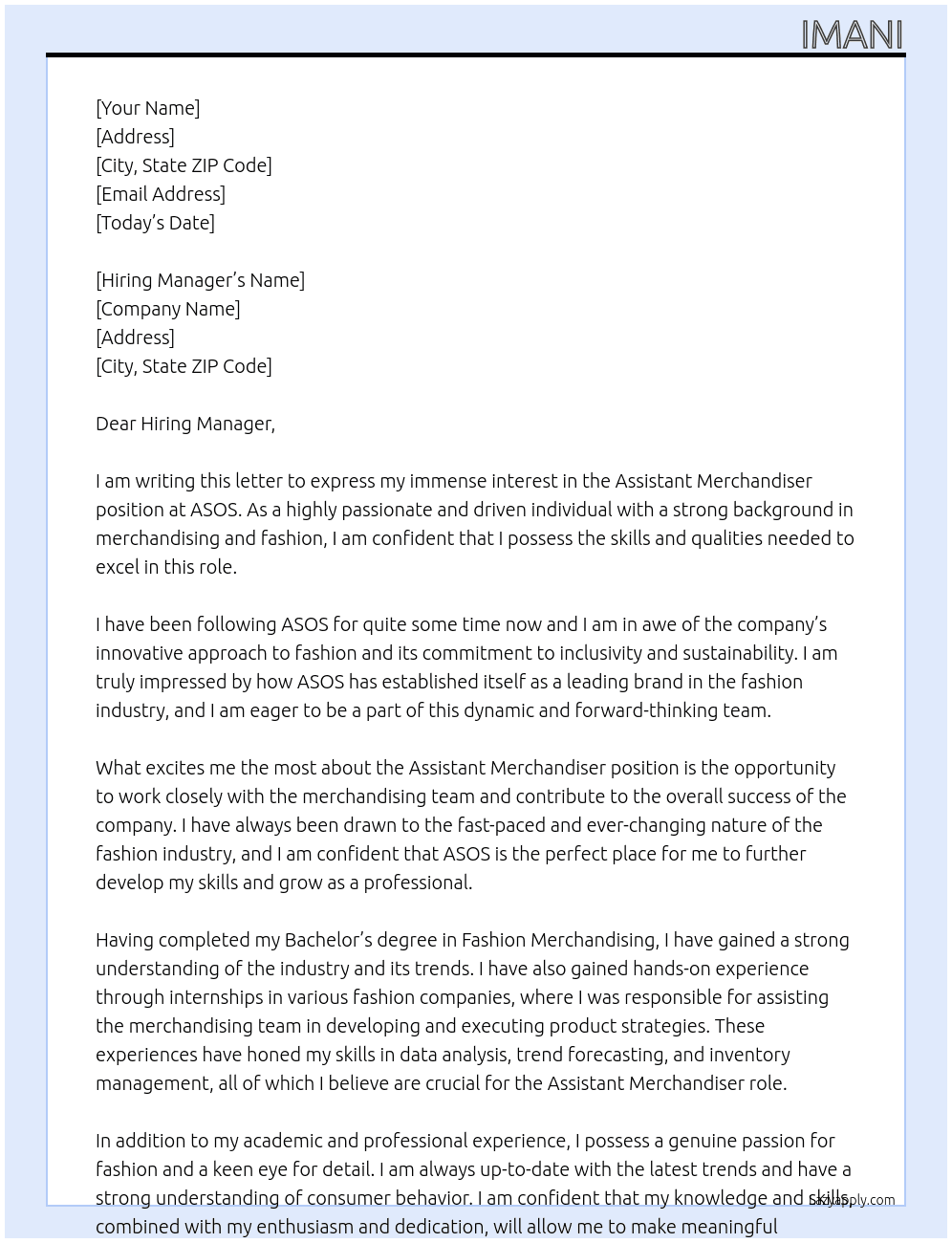 Assistant Merchandiser At Asos Cover Letter