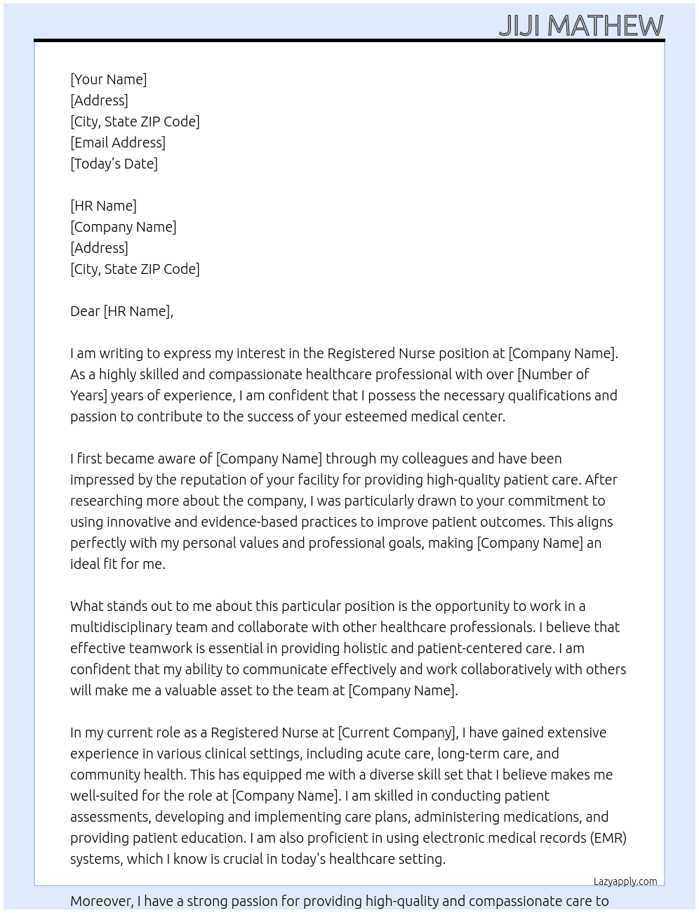 Registered Nurse  At Medical Centre Cover Letter