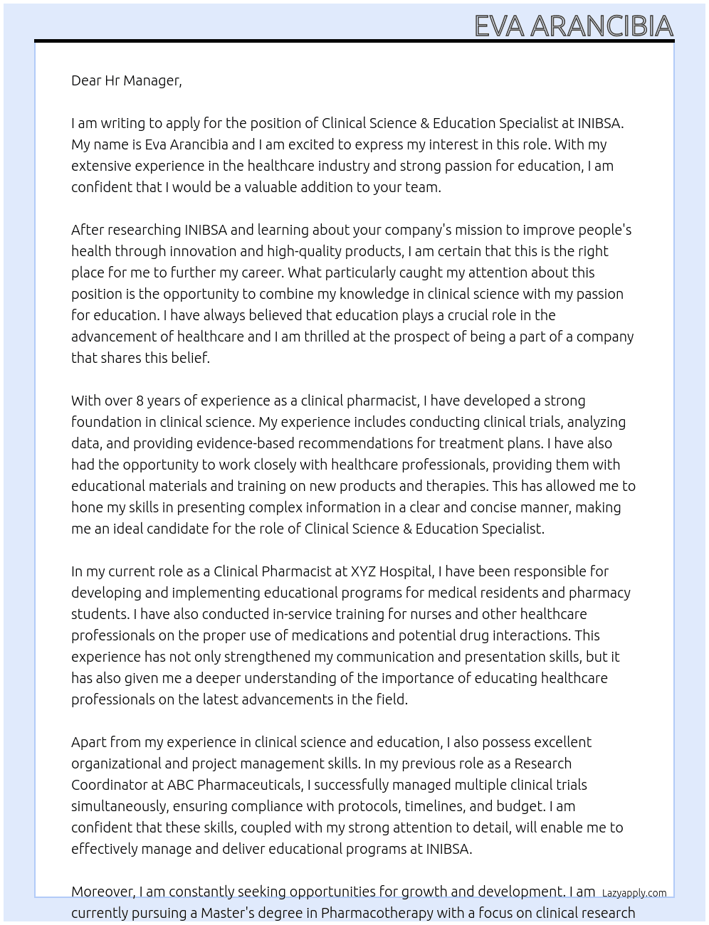Clinical Science & Education Specialist At INIBSA Cover Letter