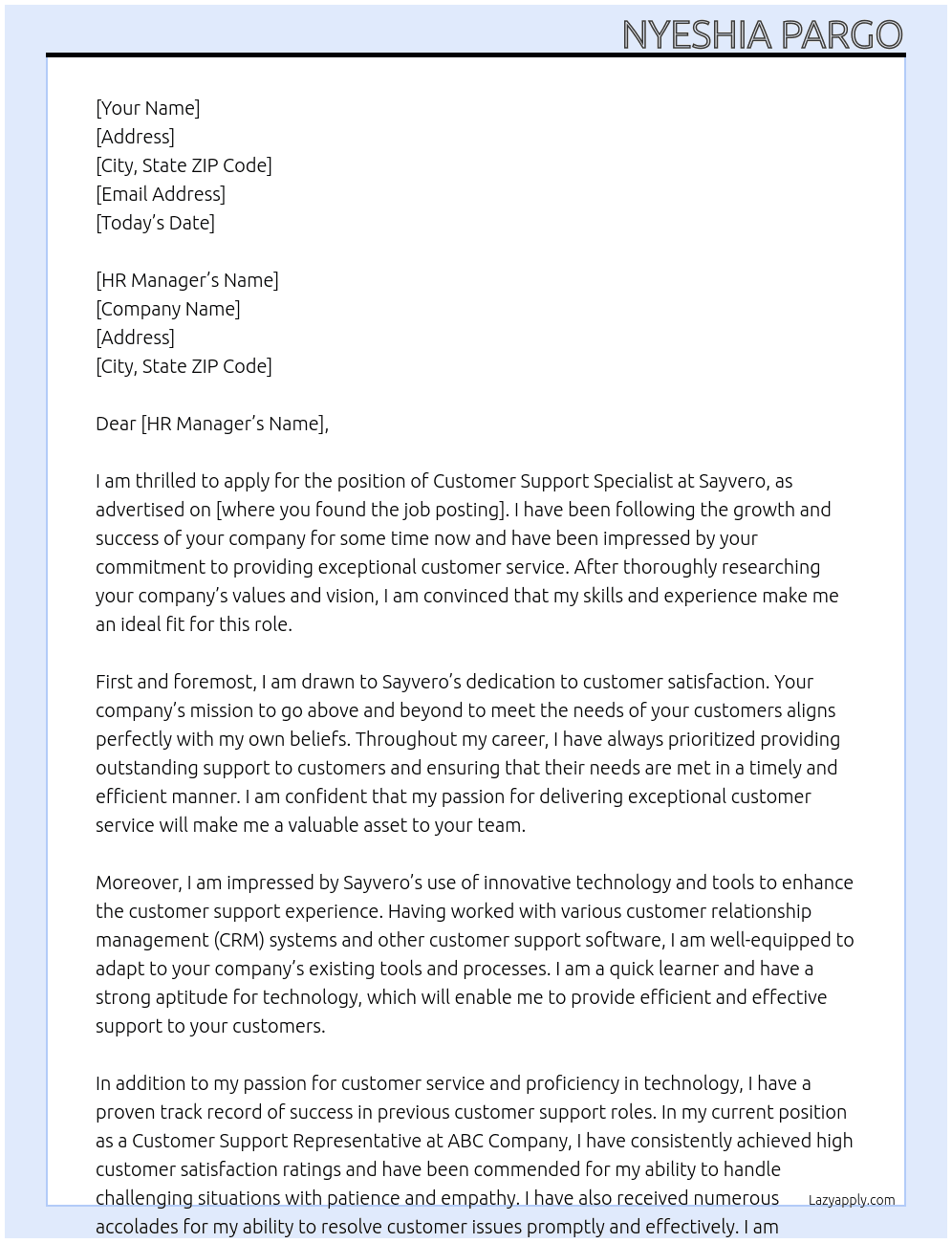 Customer Support Specialist At Sayvero Cover Letter