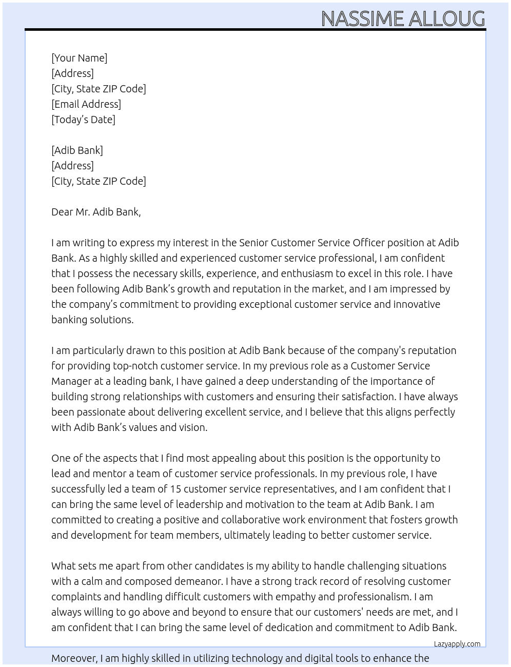 Senior Customer Service Officer At adib BANK Cover Letter