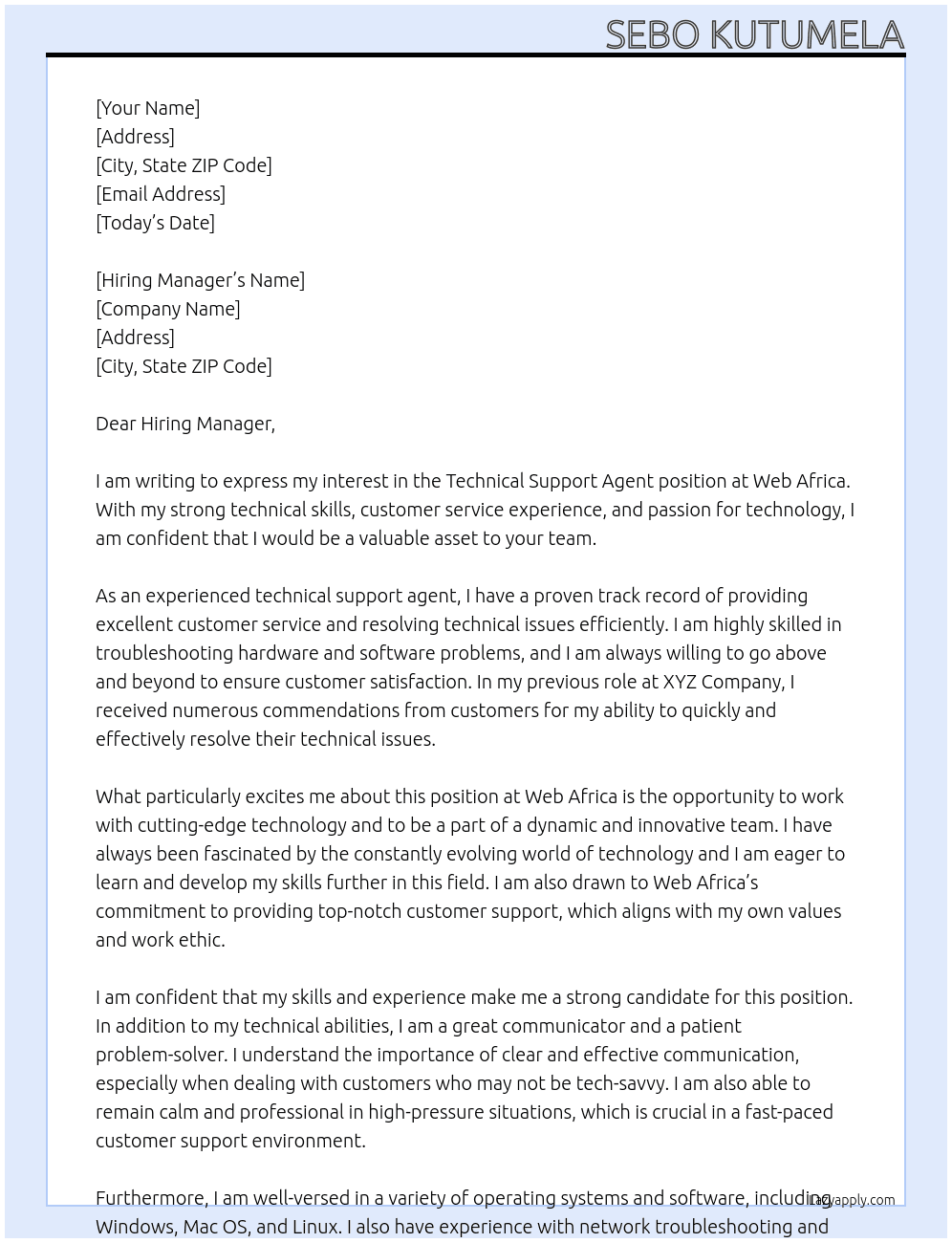 Technical support agent  At Web Africa  Cover Letter