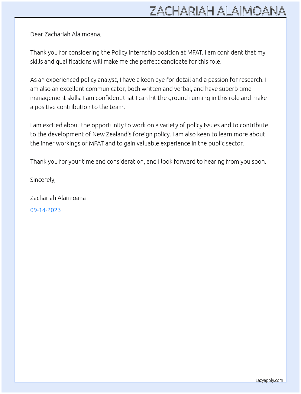Policy Internship At MFAT Cover Letter