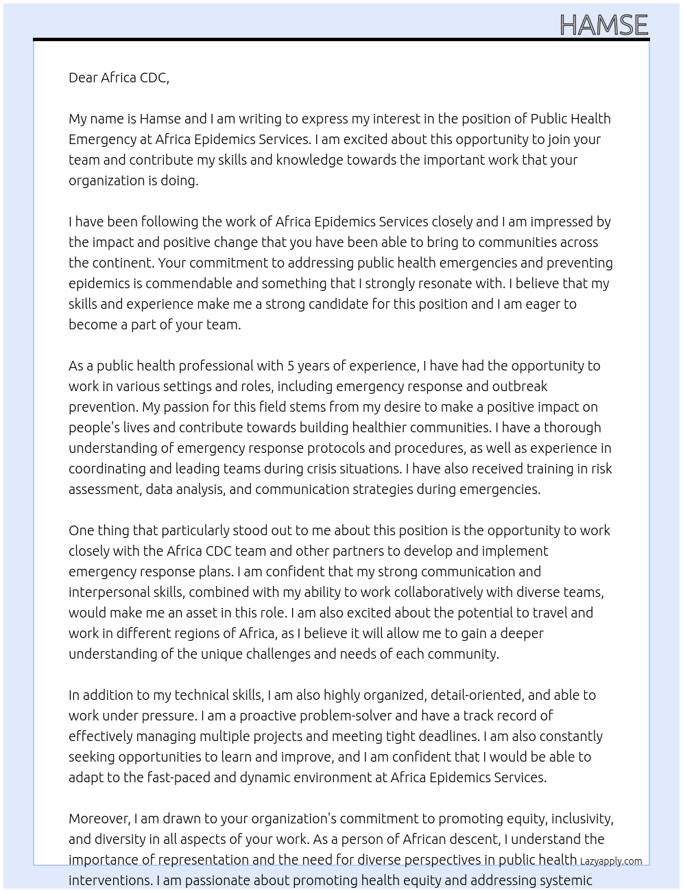 Public health Emergency  At Africa Epidemics services  Cover Letter