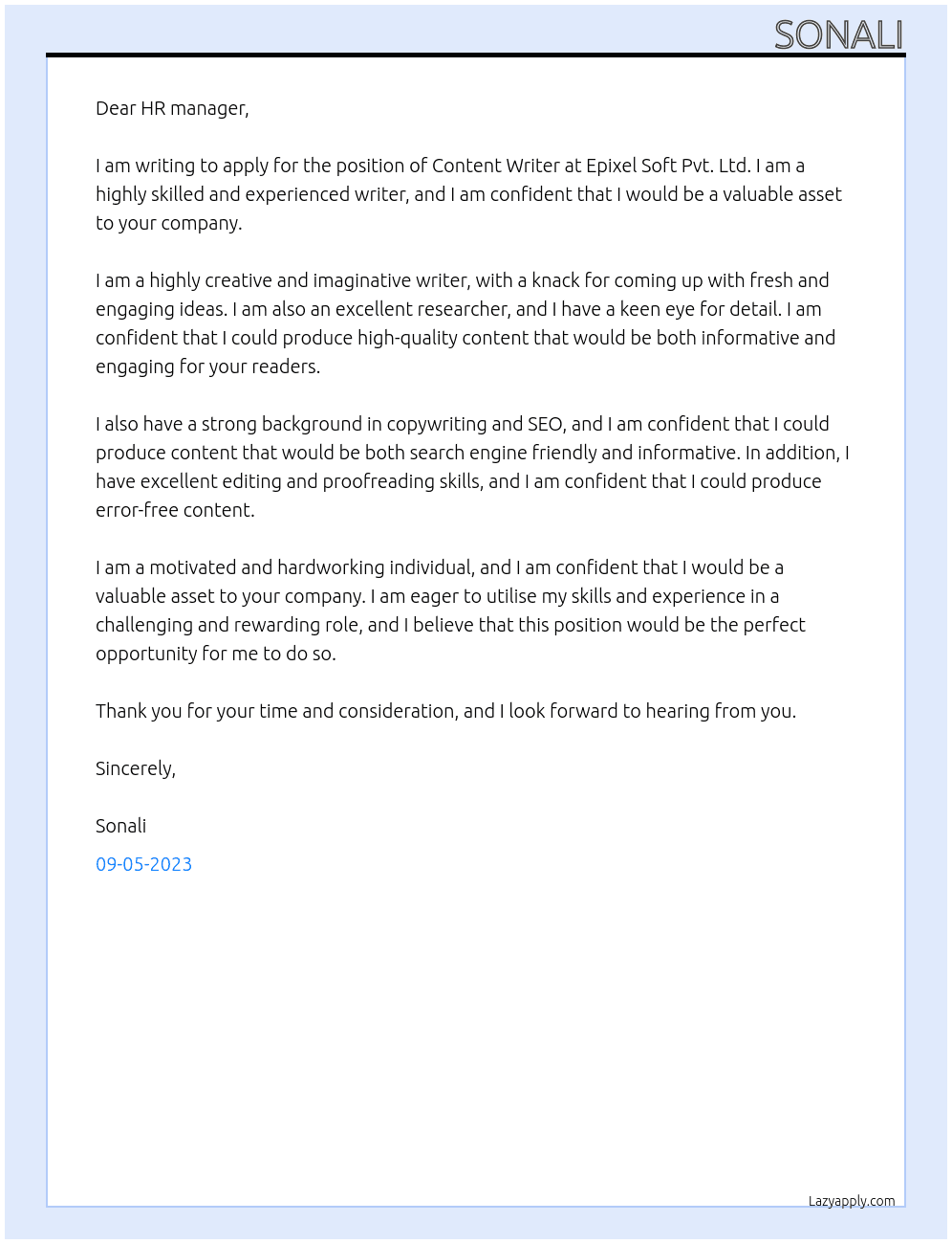 Content writter At Epixel Soft pvt. ltd. Cover Letter