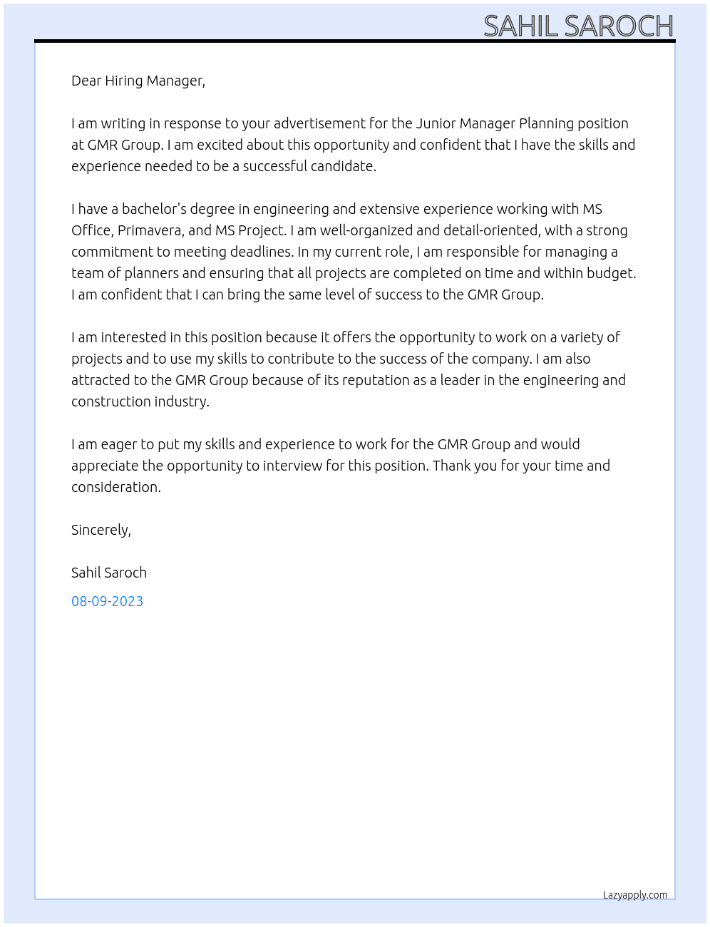 Junior Manager Planning At GMR Group Cover Letter