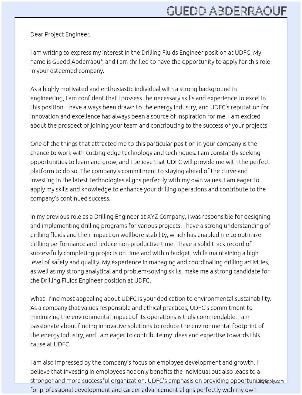 Drilling fluids engineer At UDFC Cover Letter
