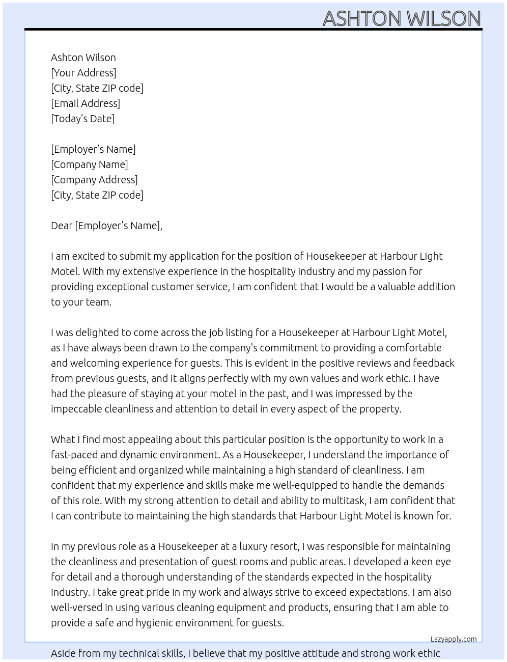 Housekeeper At Harbour Light Motel Cover Letter