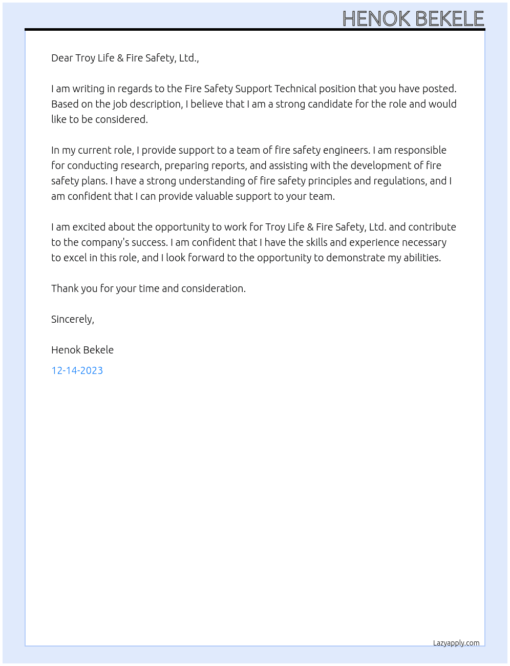Fire Safety Support Technical At Troy Life & Fire Safety, Ltd. Cover Letter