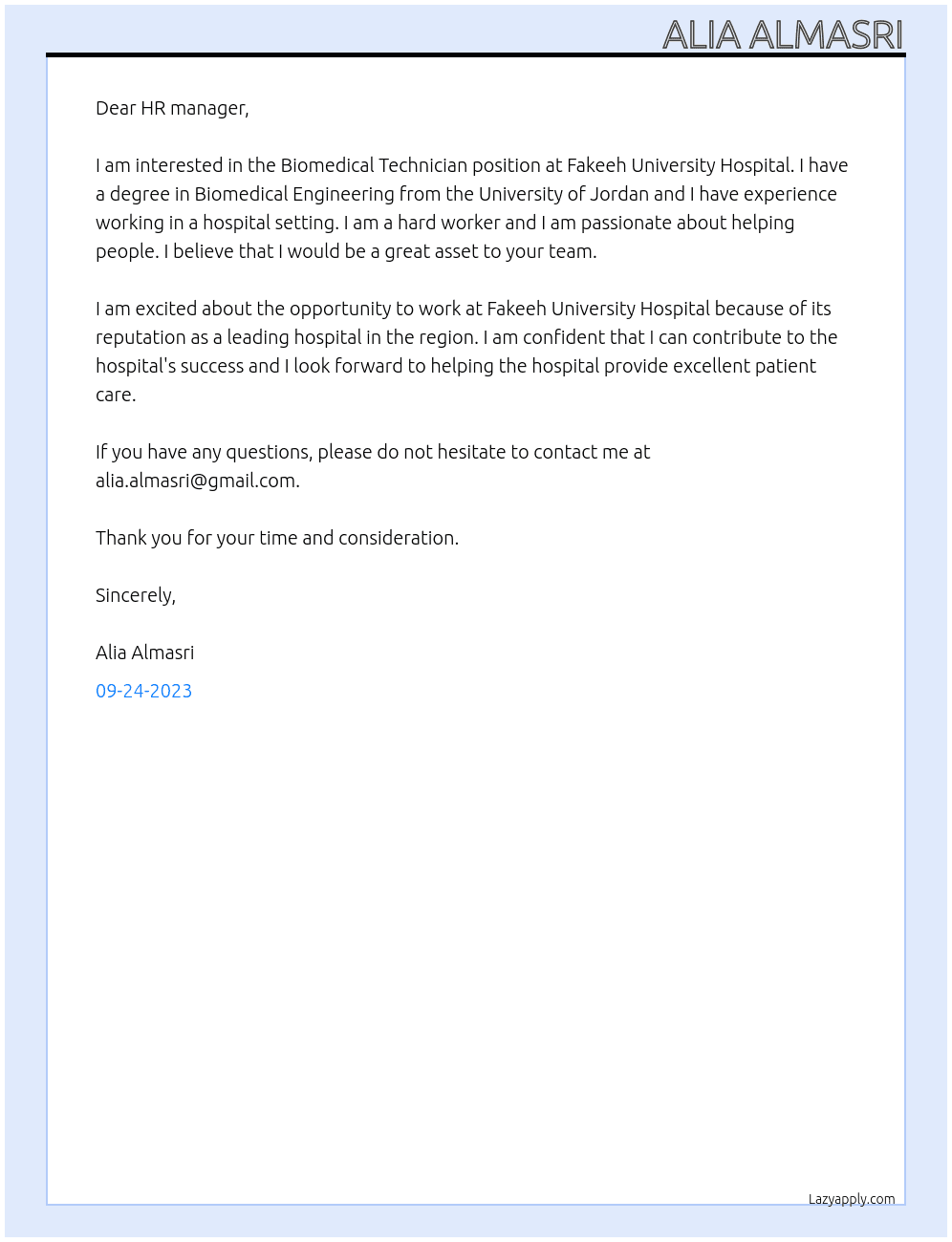 Biomedical Technician At Fakeeh University Hospital Cover Letter