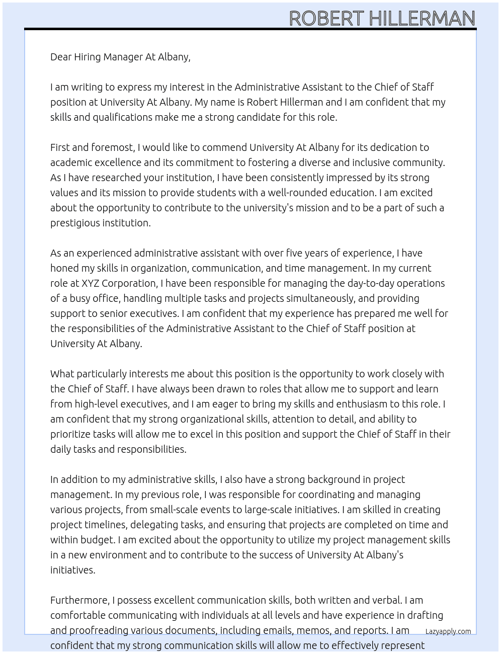 Administrative Assistant to the Chief of Staff At University At Albany Cover Letter