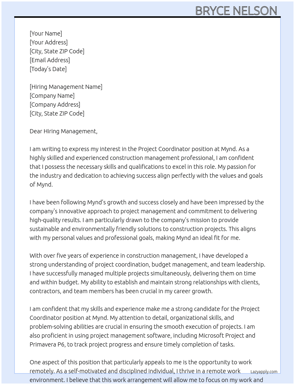 Project coordinator  At Mynd Cover Letter